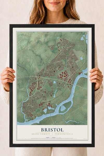 Map of Bristol, Bucks County, Pennsylvania, 18 x 24 inch print in a black wood frame