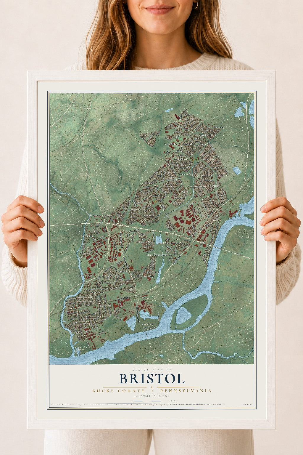 Map of Bristol, Bucks County, Pennsylvania, 18 x 24 inch print in a white wood frame