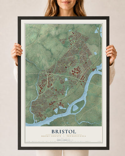 Map of Bristol, Bucks County, Pennsylvania, 24 x 36 inch print in a black wood frame