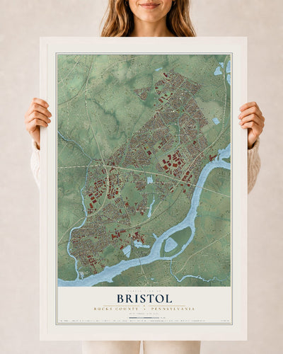 Map of Bristol, Bucks County, Pennsylvania, 24 x 36 inch print in a white wood frame
