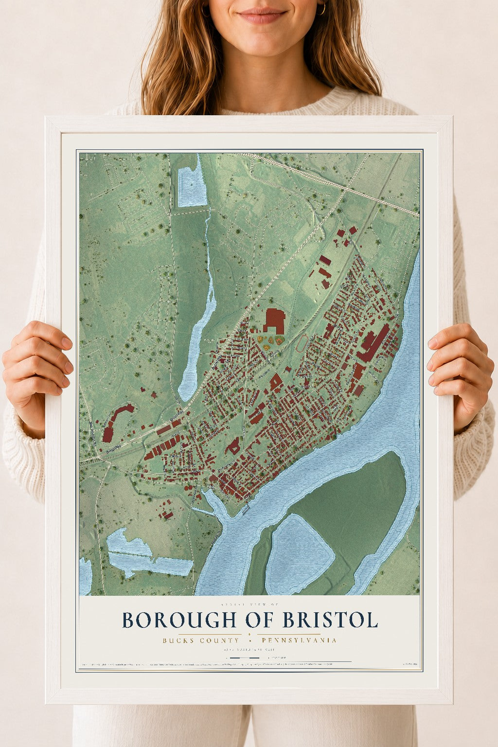 Map of the Borough of Bristol, Bucks County, Pennsylvania, 18 x 24 inch print in a white wood frame
