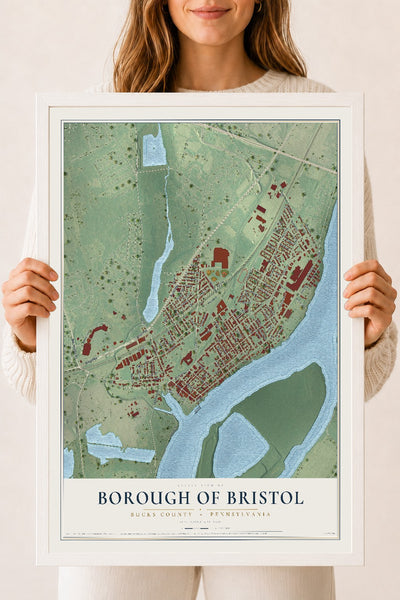 Map of the Borough of Bristol, Bucks County, Pennsylvania, 18 x 24 inch print in a white wood frame