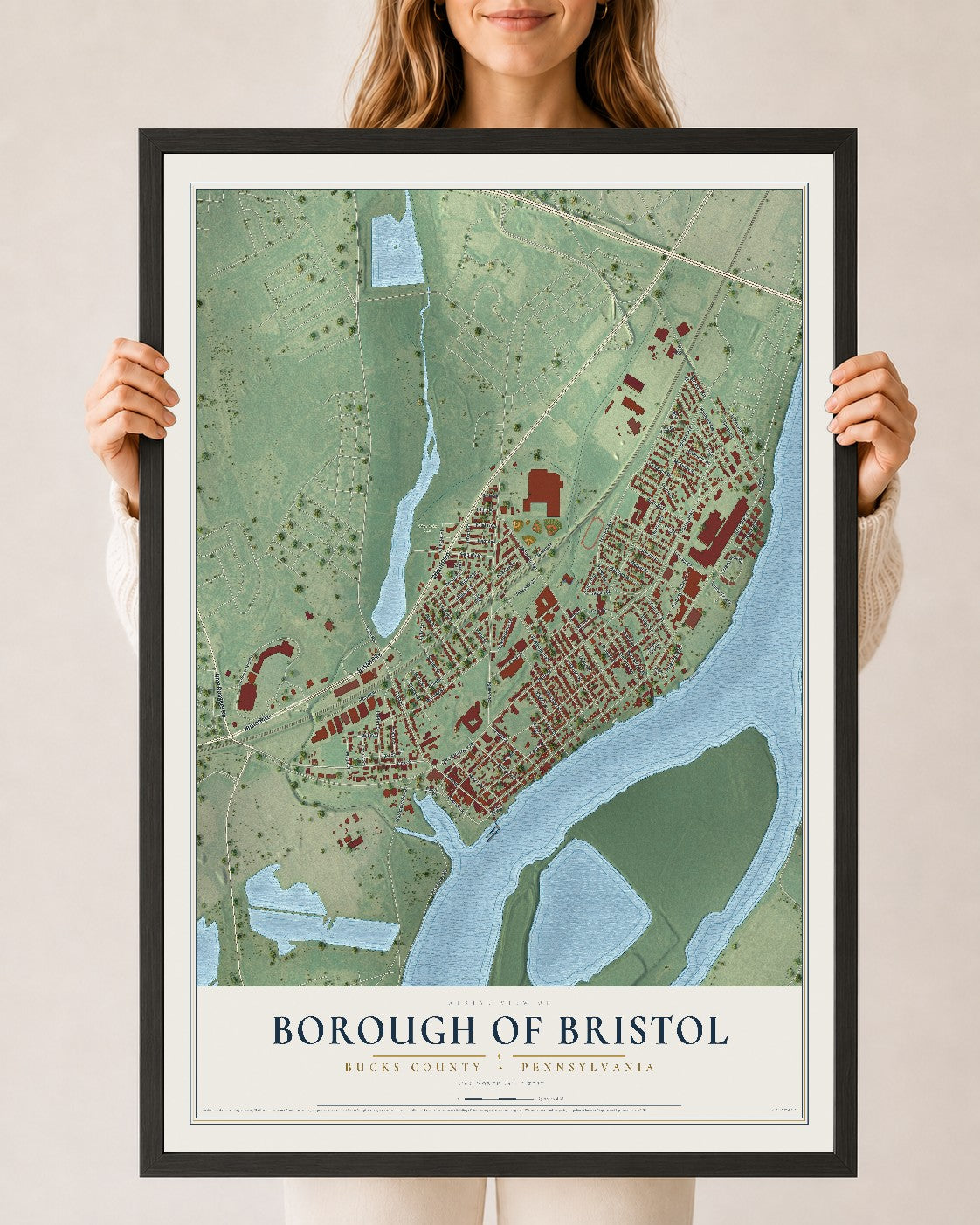 Map of the Borough of Bristol, Bucks County, Pennsylvania, 24 x 36 inch print in a black wood frame