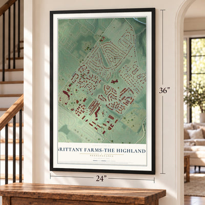 Brittany Farms-The Highlands, Pennsylvania map, 24 x 36 inch print in a black frame by a staircase