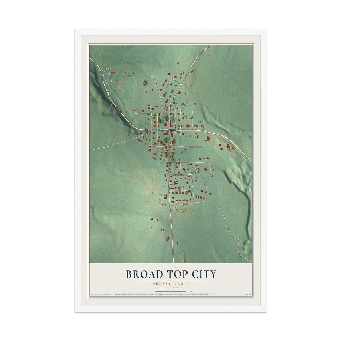 Map of Broad Top City, Pennsylvania, 12 x 18 inch print in a white wood frame