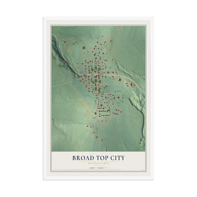 Map of Broad Top City, Pennsylvania, 12 x 18 inch print in a white wood frame