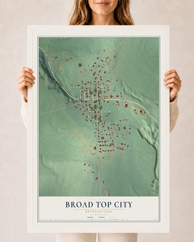 Map of Broad Top City, Pennsylvania, 24 x 36 inch print in a white wood frame