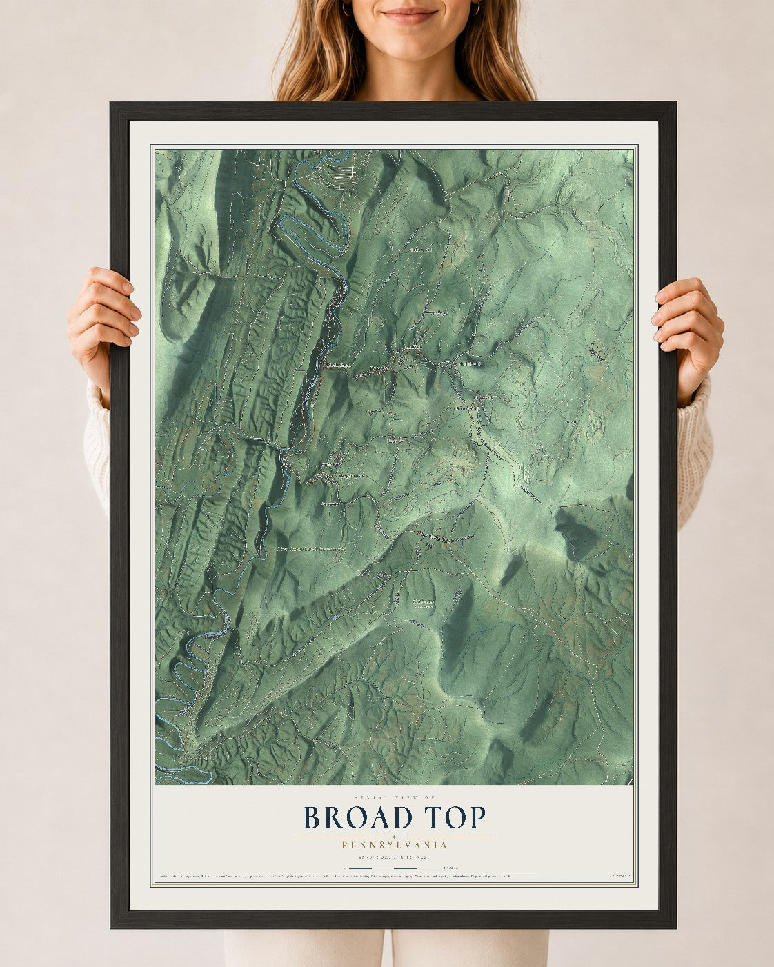 Map of Broad Top, Pennsylvania, 24 x 36 inch print in a black wood frame