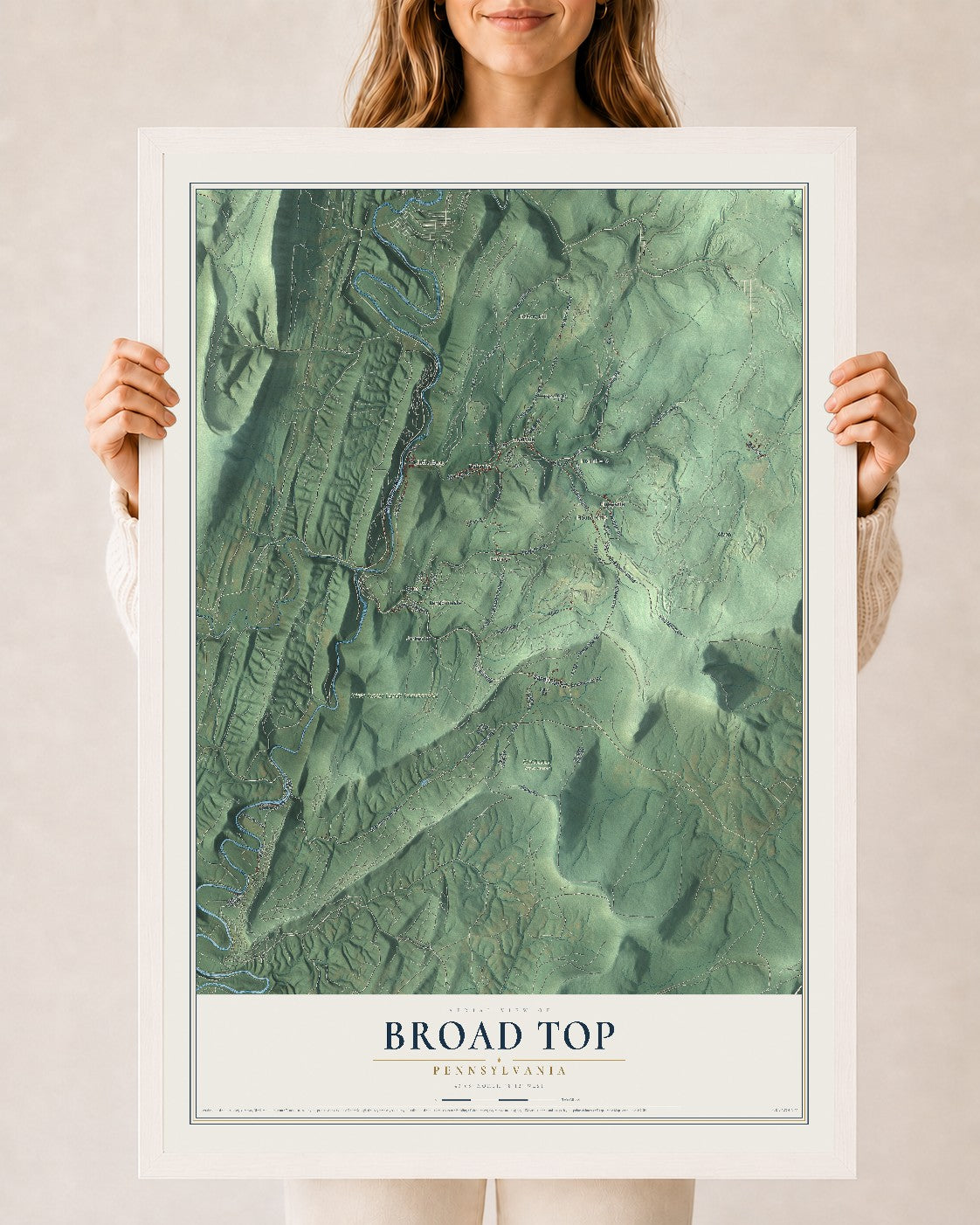 Map of Broad Top, Pennsylvania, 24 x 36 inch print in a white wood frame