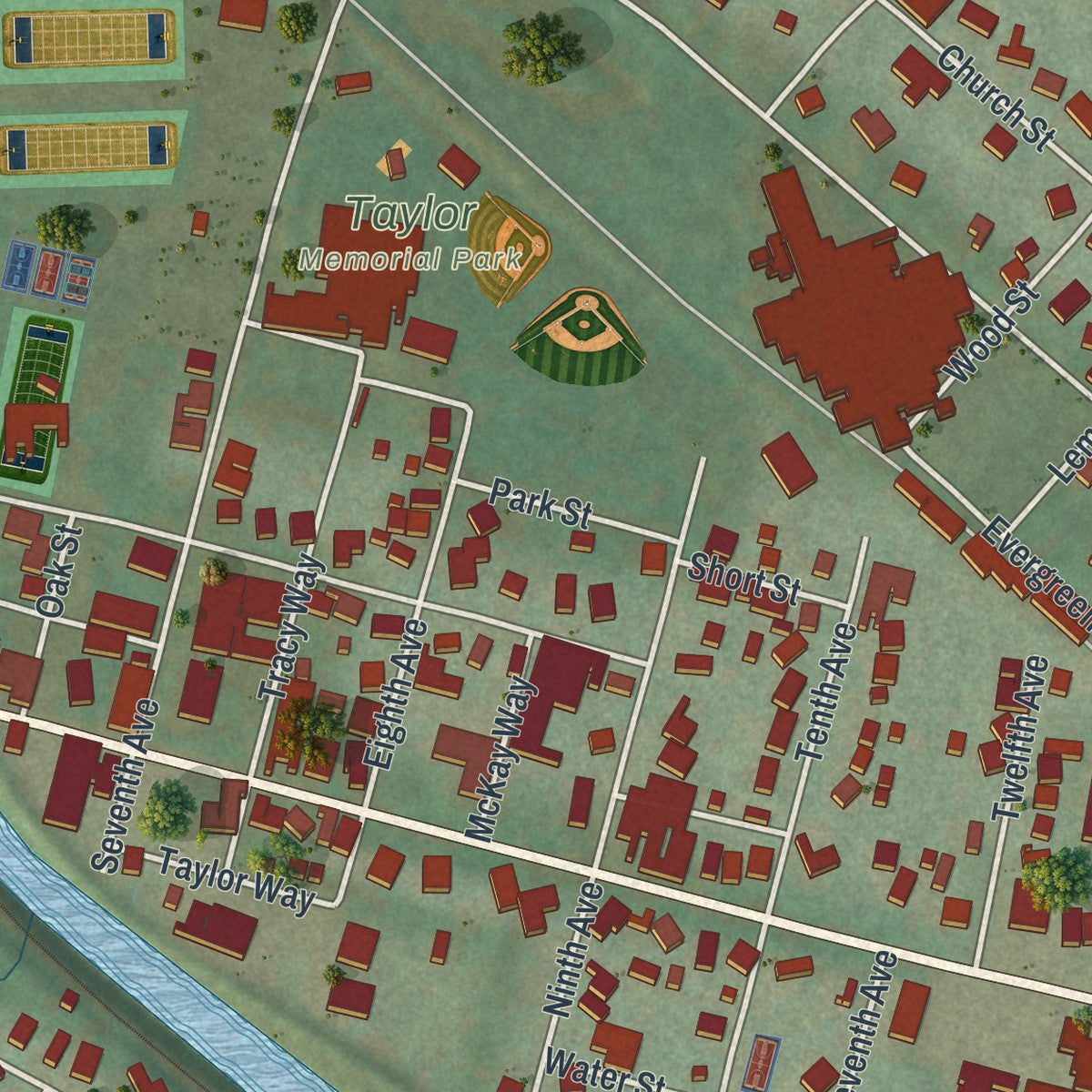 Second close-up of the map of Brockway, Pennsylvania print showing more streets and buildings