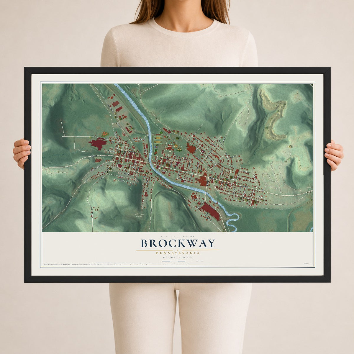 Map of Brockway, Pennsylvania, 24 x 36 inch print in a black wood frame