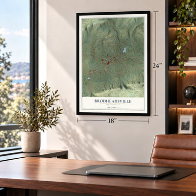 Brodheadsville, Pennsylvania map, 18 x 24 inch print in a black frame in a home office