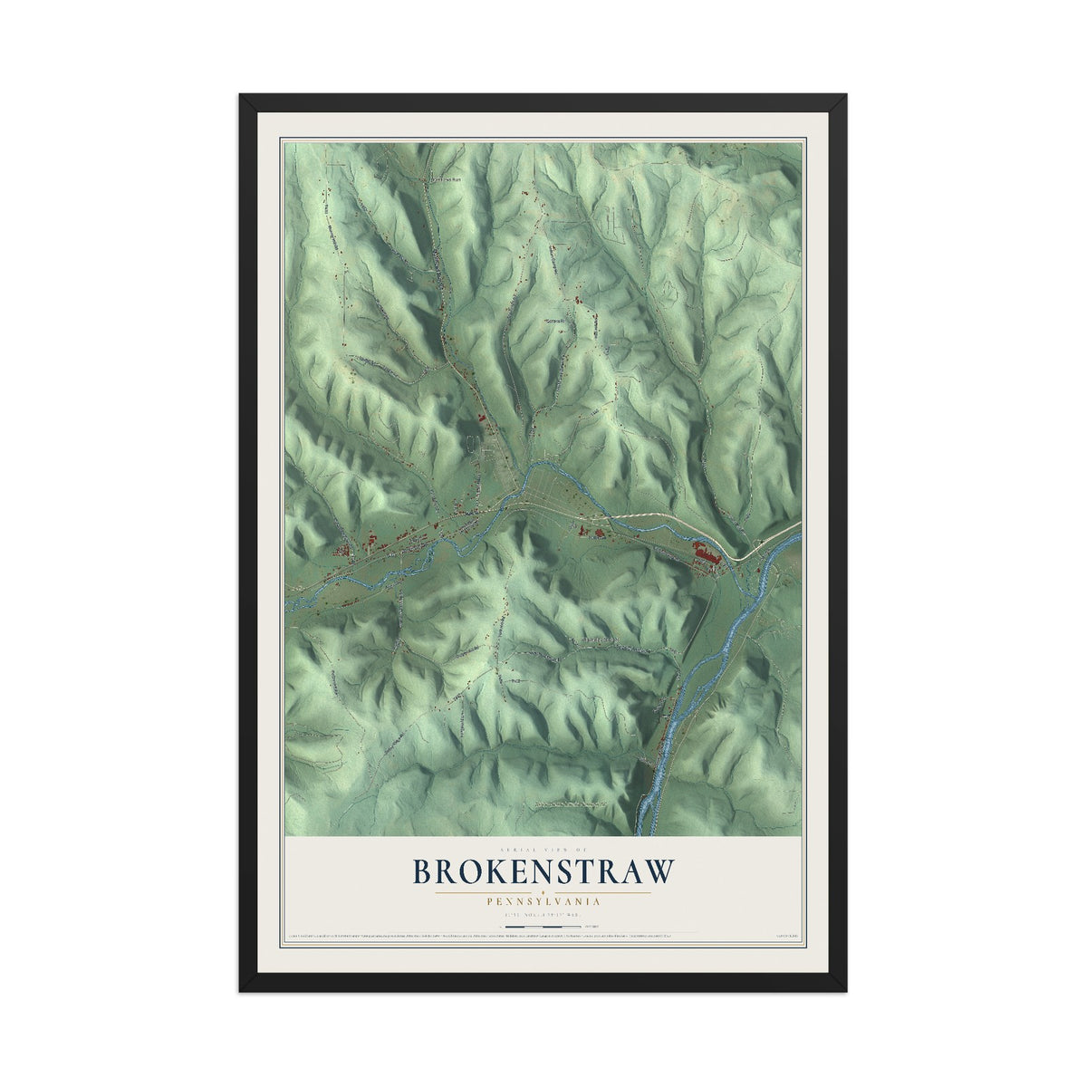 Map of Brokenstraw, Pennsylvania, 12 x 18 inch print in a black wood frame