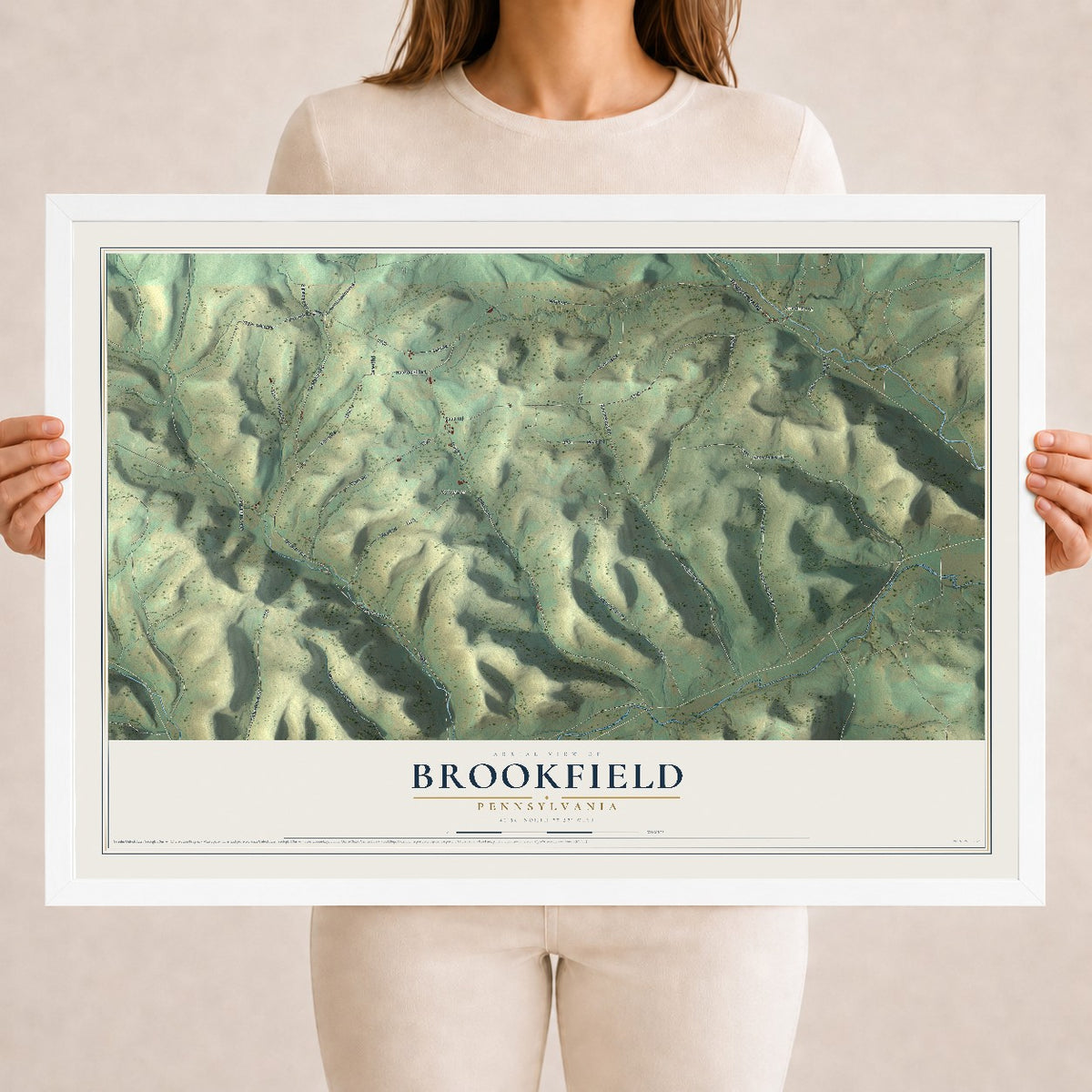 Map of Brookfield, Pennsylvania, 18 x 24 inch print in a white wood frame