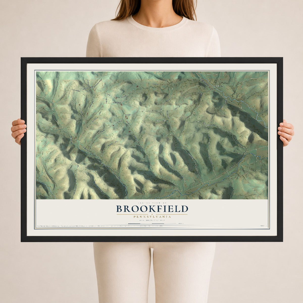 Map of Brookfield, Pennsylvania, 24 x 36 inch print in a black wood frame