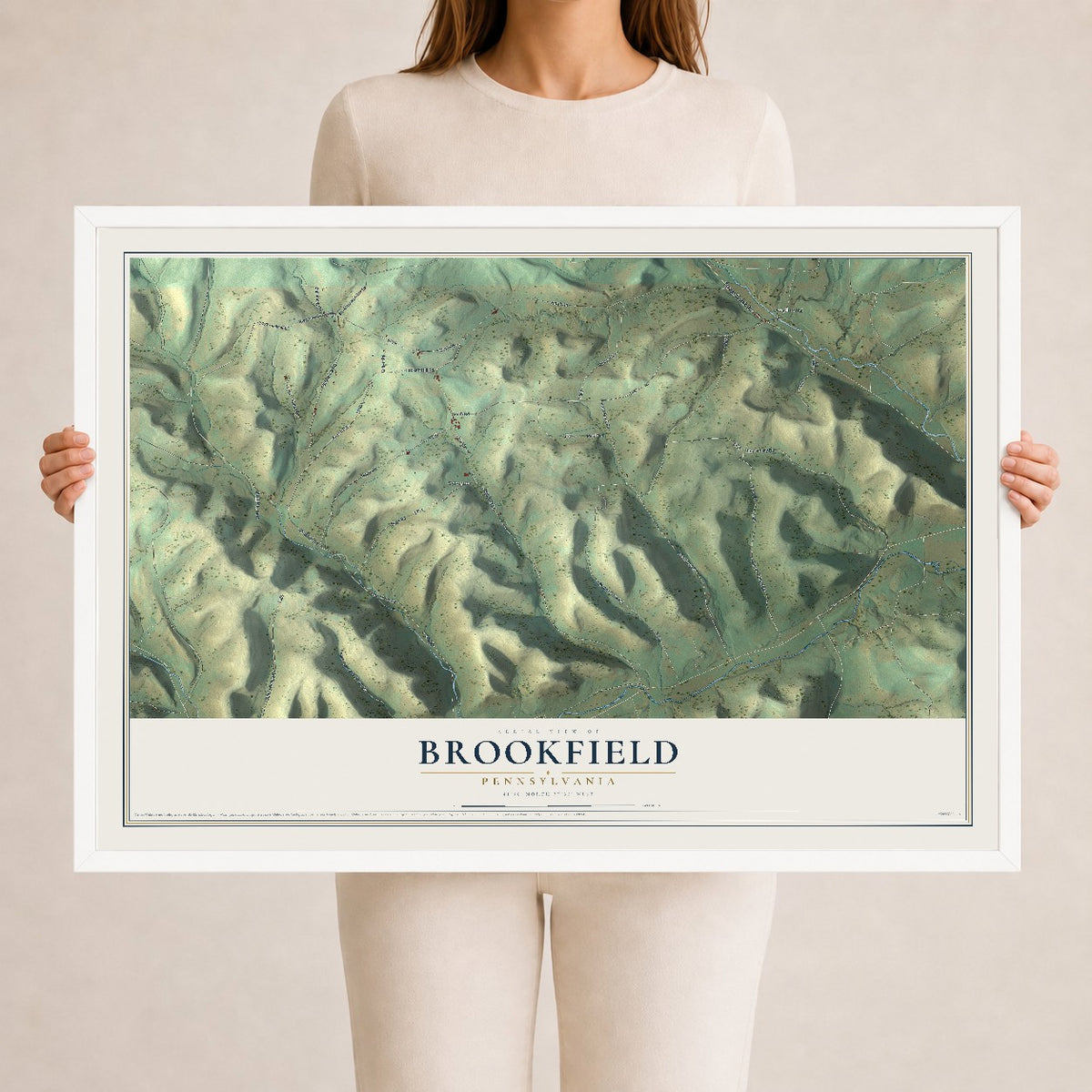 Map of Brookfield, Pennsylvania, 24 x 36 inch print in a white wood frame