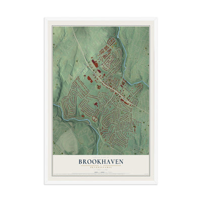 Map of Brookhaven, Pennsylvania, 12 x 18 inch print in a white wood frame