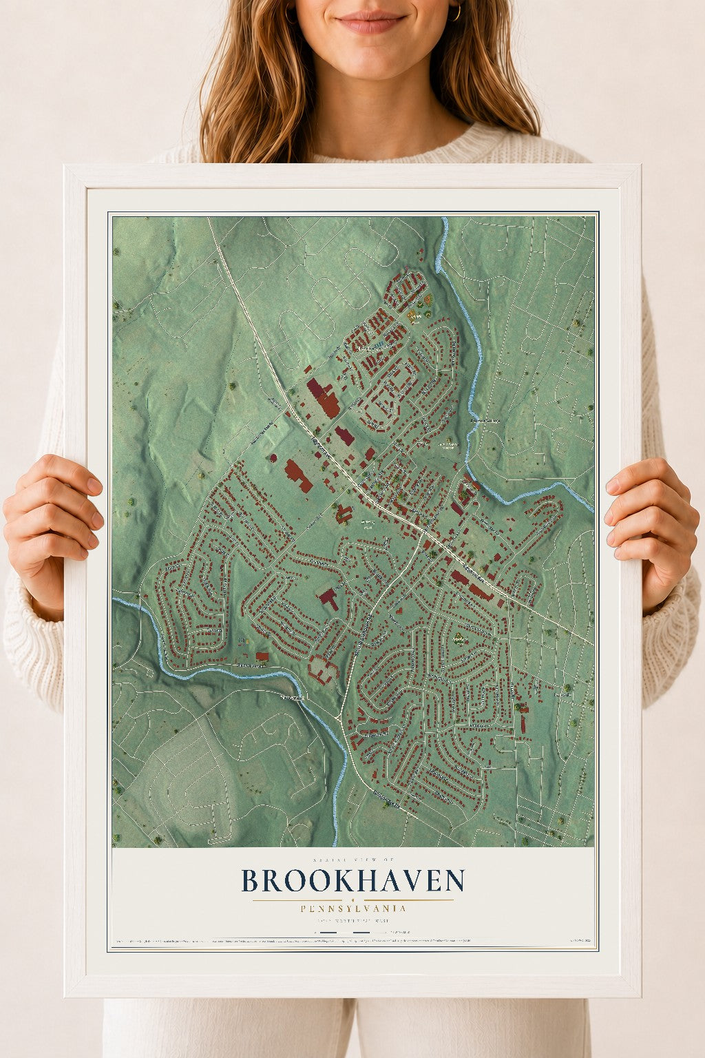 Map of Brookhaven, Pennsylvania, 18 x 24 inch print in a white wood frame