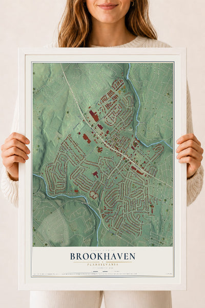 Map of Brookhaven, Pennsylvania, 18 x 24 inch print in a white wood frame