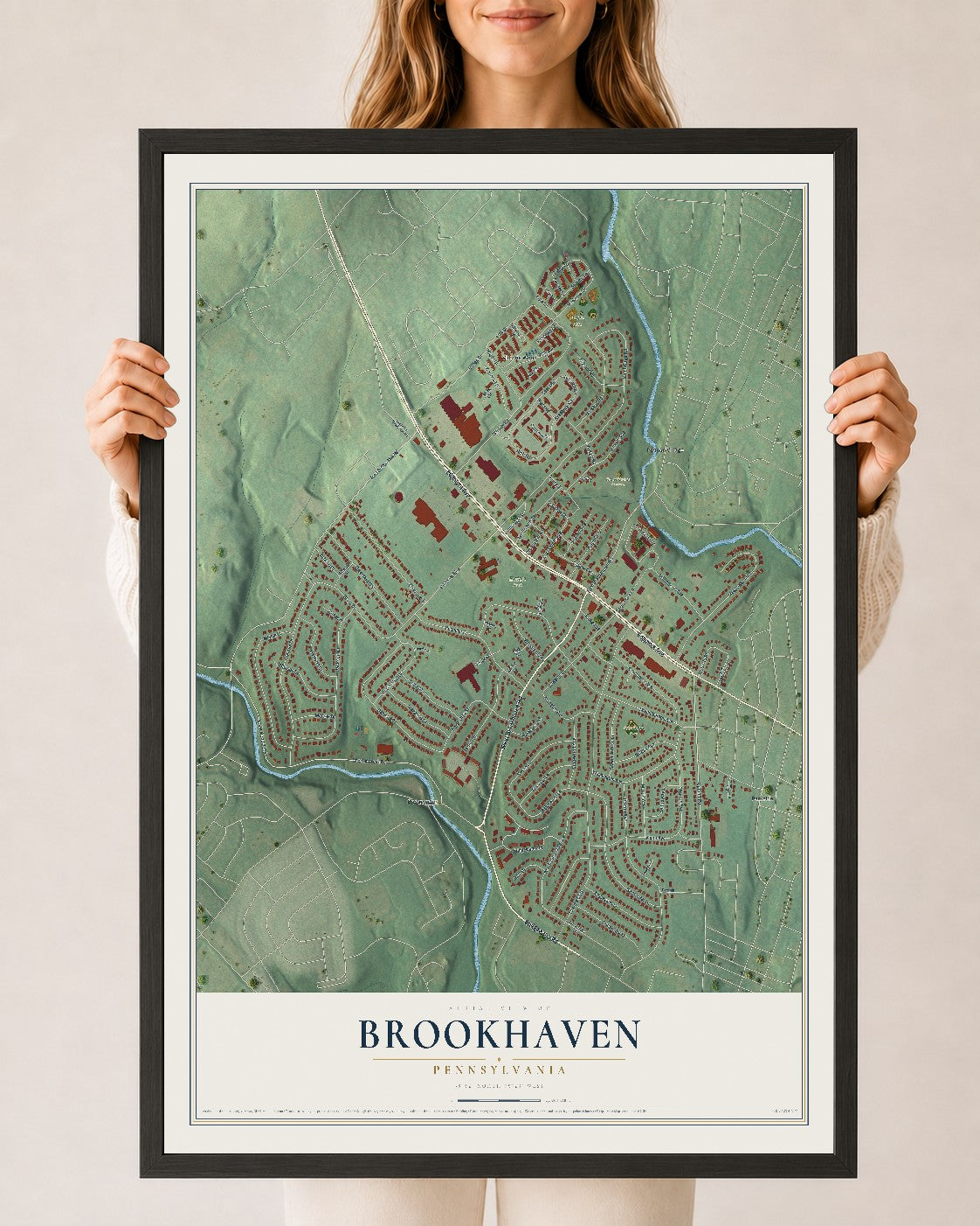 Map of Brookhaven, Pennsylvania, 24 x 36 inch print in a black wood frame