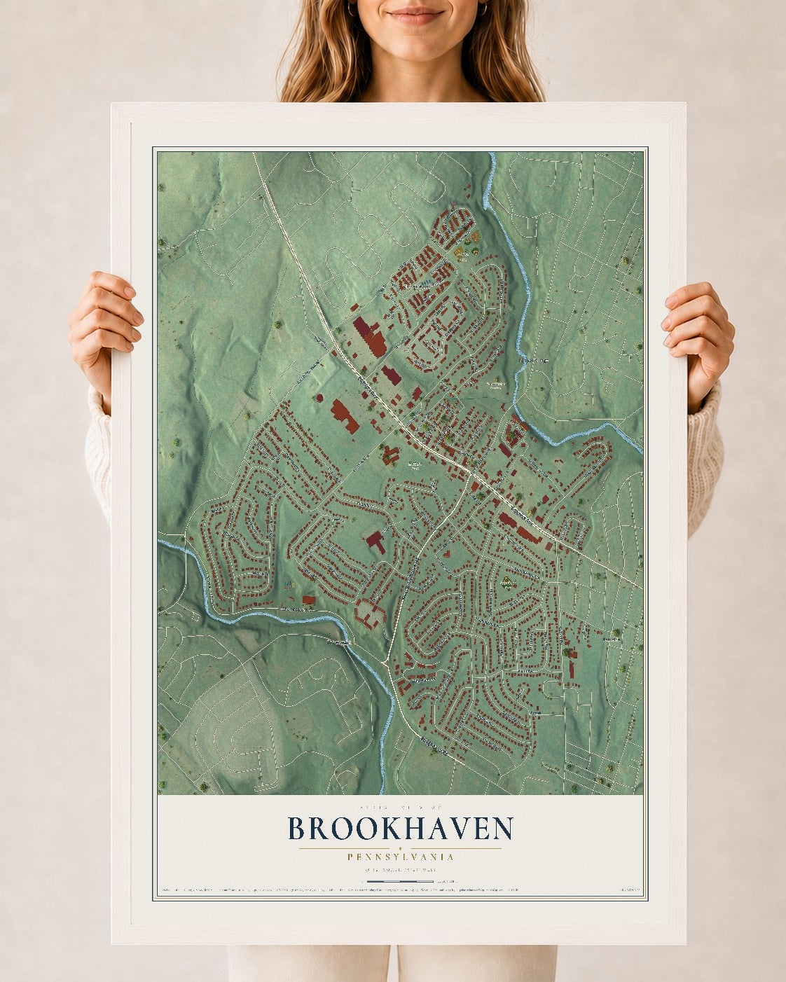 Map of Brookhaven, Pennsylvania, 24 x 36 inch print in a white wood frame