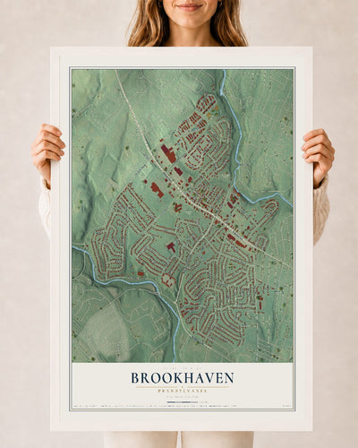 Map of Brookhaven, Pennsylvania, 24 x 36 inch print in a white wood frame