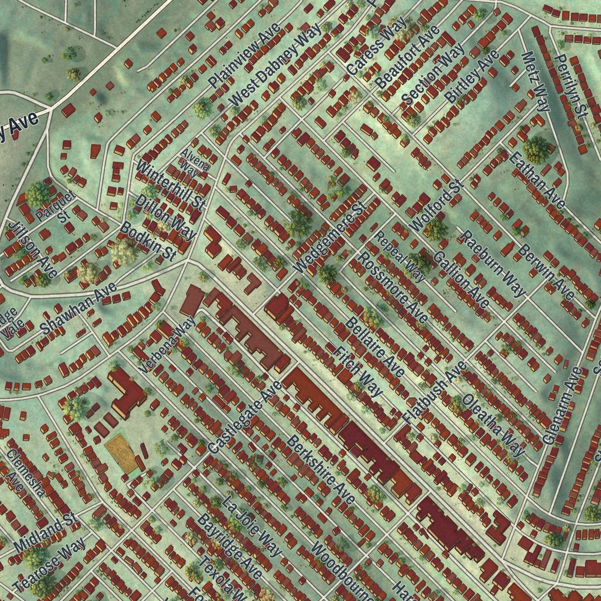 Close-up of the map of Brookline, Pennsylvania print showing street and building detail