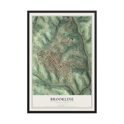 Map of Brookline, Pennsylvania, 12 x 18 inch print in a black wood frame