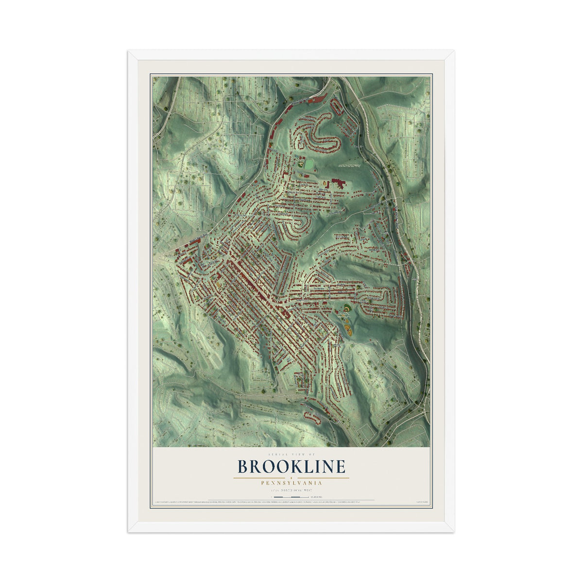 Map of Brookline, Pennsylvania, 12 x 18 inch print in a white wood frame