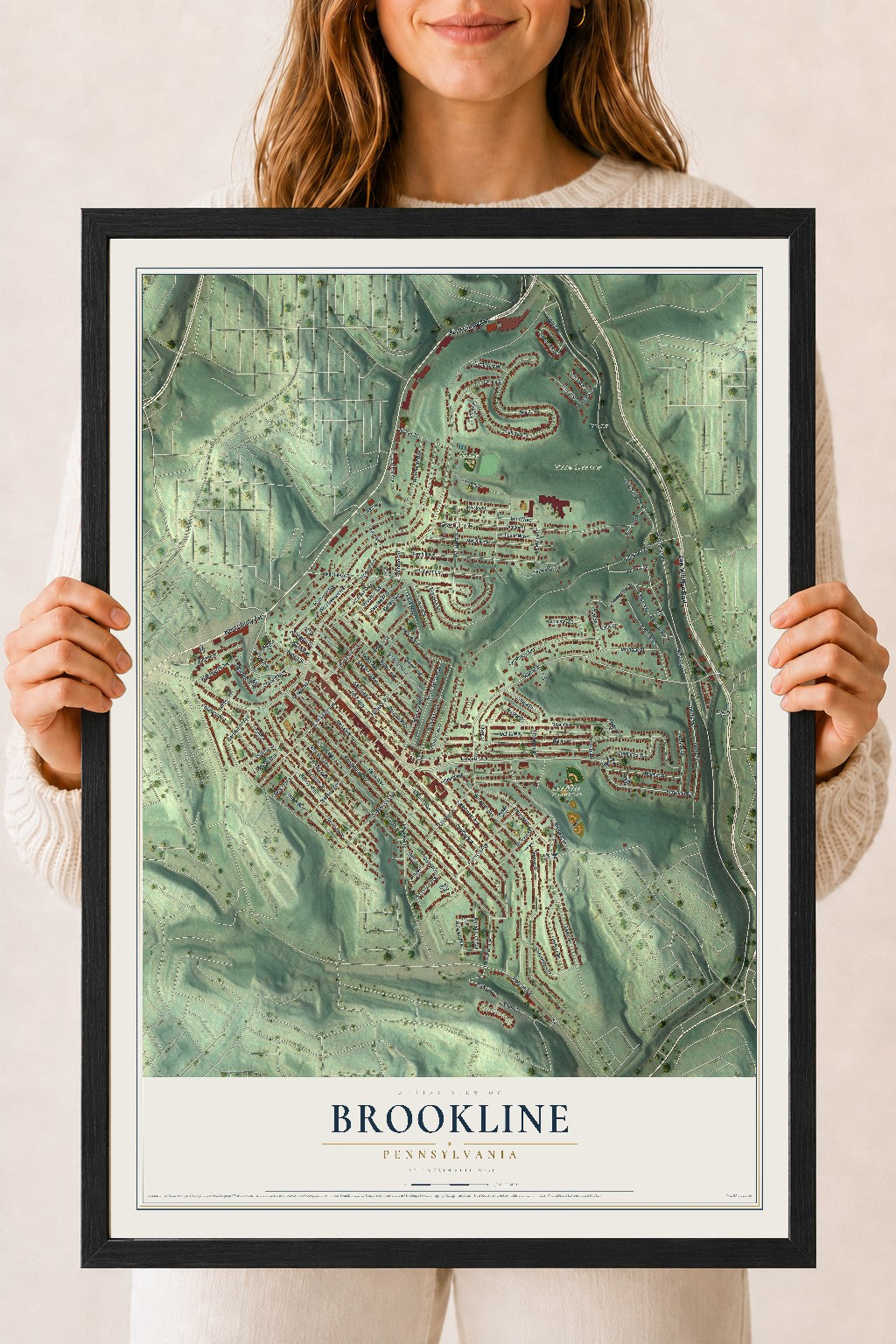 Map of Brookline, Pennsylvania, 18 x 24 inch print in a black wood frame