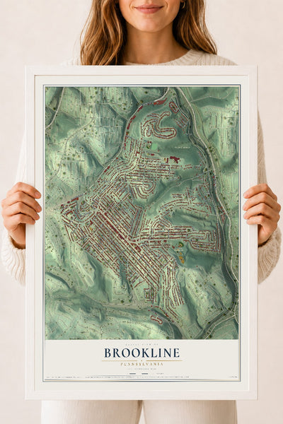 Map of Brookline, Pennsylvania, 18 x 24 inch print in a white wood frame