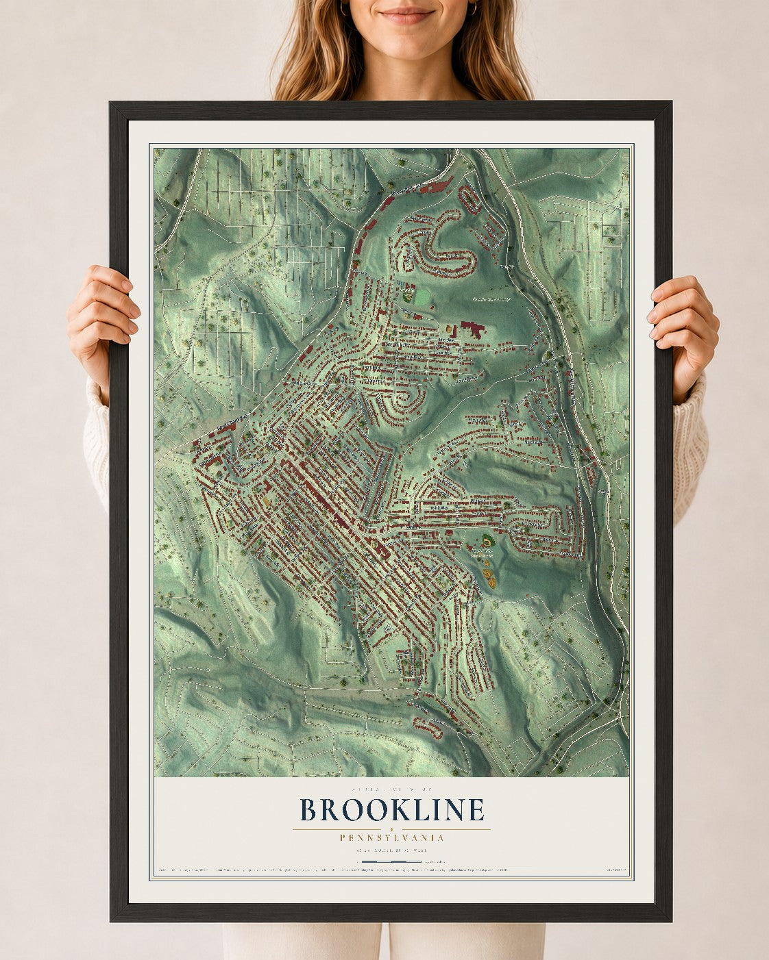Map of Brookline, Pennsylvania, 24 x 36 inch print in a black wood frame