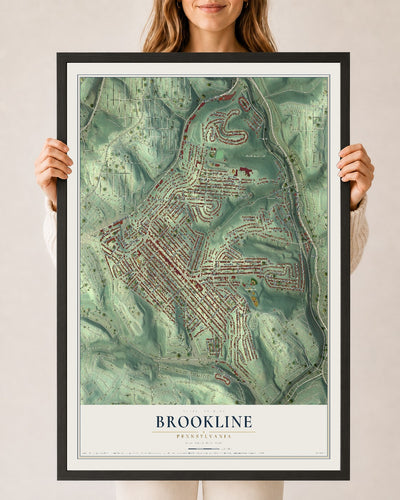 Map of Brookline, Pennsylvania, 24 x 36 inch print in a black wood frame
