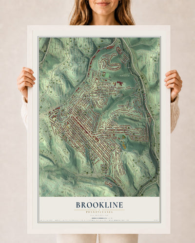 Map of Brookline, Pennsylvania, 24 x 36 inch print in a white wood frame