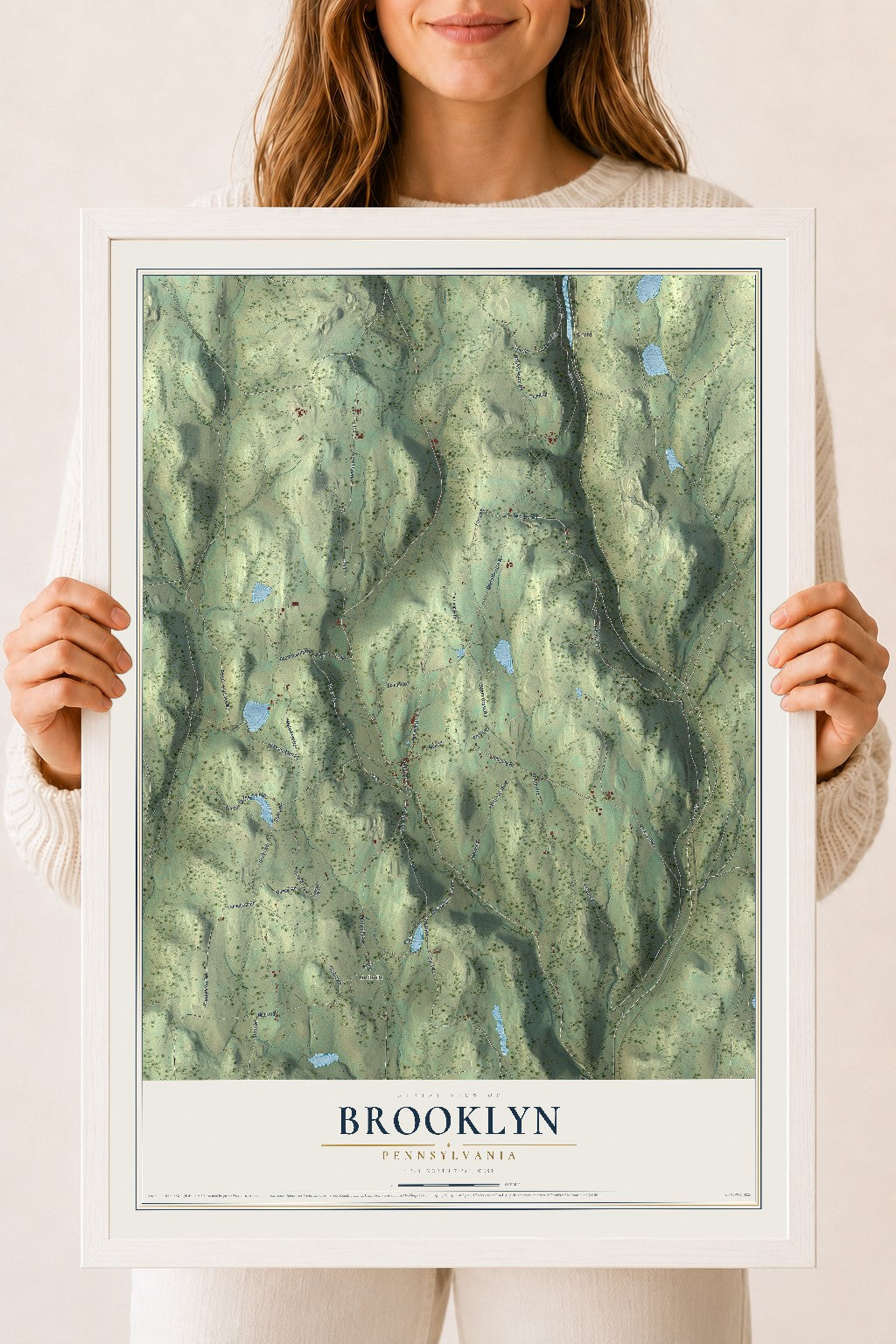 Map of Brooklyn, Pennsylvania, 18 x 24 inch print in a white wood frame