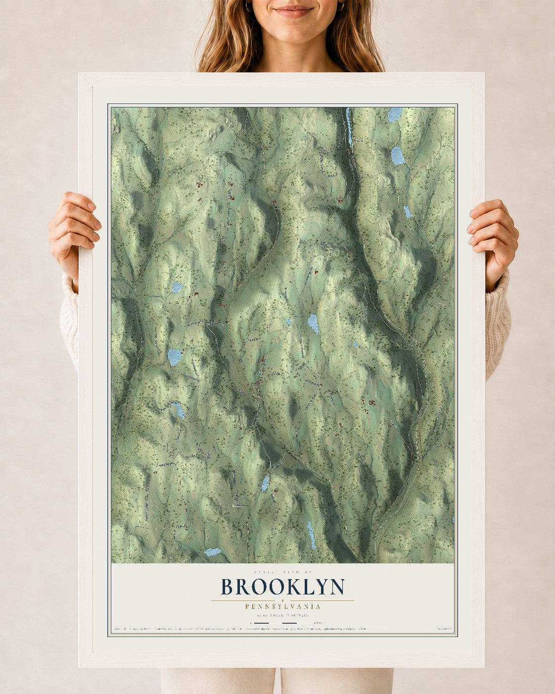 Map of Brooklyn, Pennsylvania, 24 x 36 inch print in a white wood frame