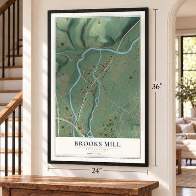 Brooks Mill, Pennsylvania map, 24 x 36 inch print in a black frame by a staircase