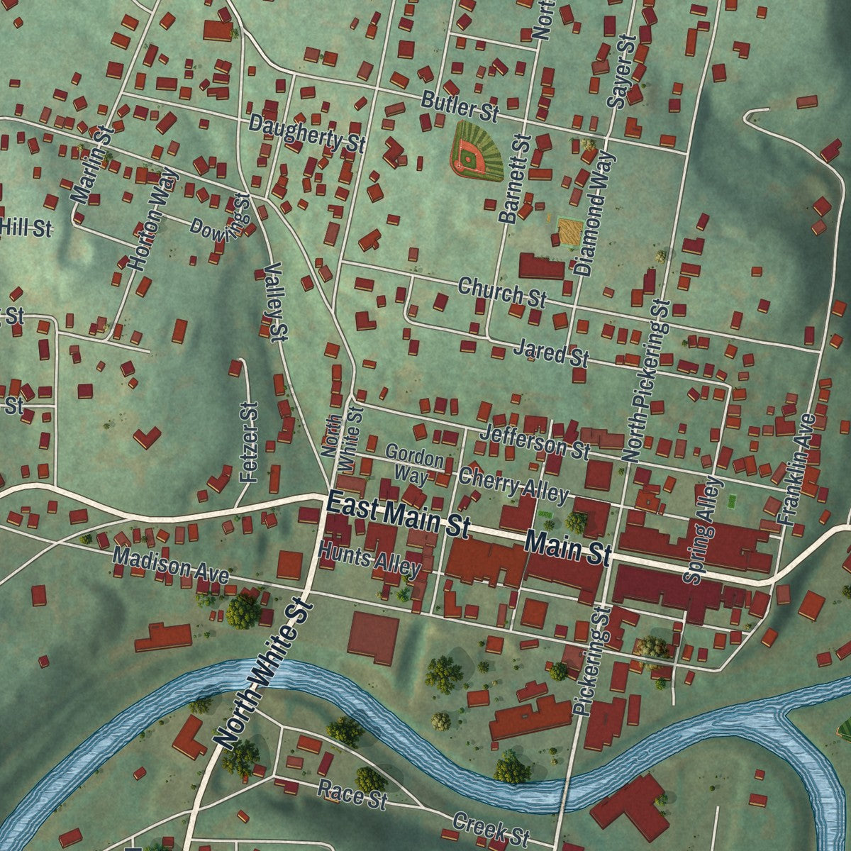 Close-up of the map of Brookville, Pennsylvania print showing street and building detail
