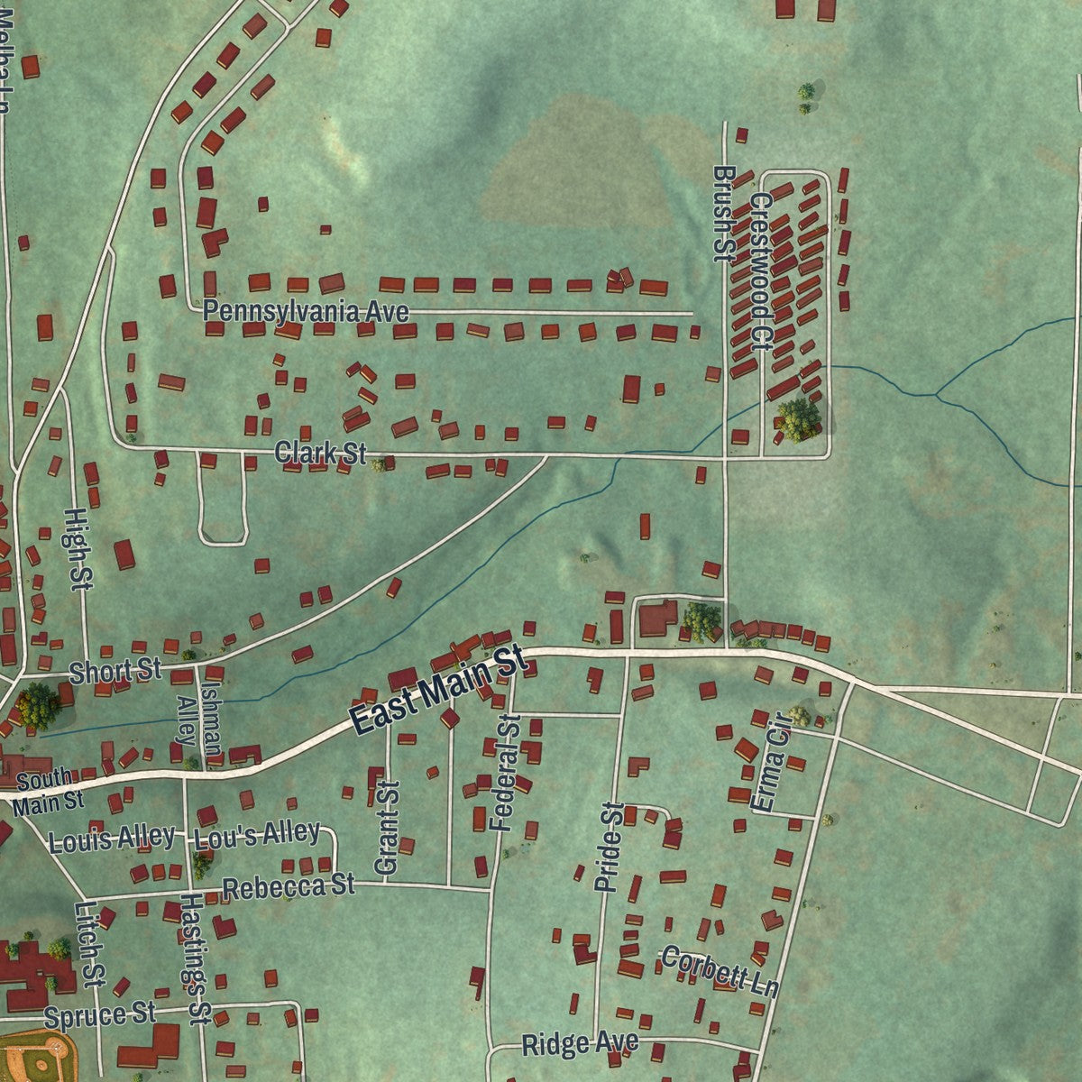 Second close-up of the map of Brookville, Pennsylvania print showing more streets and buildings