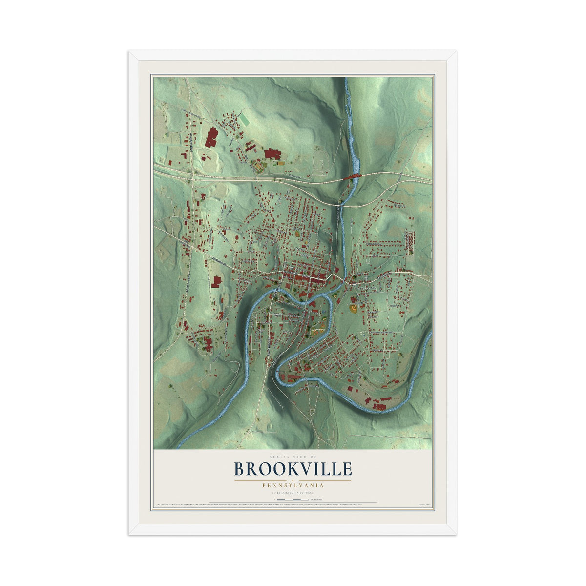 Map of Brookville, Pennsylvania, 12 x 18 inch print in a white wood frame