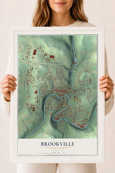 Map of Brookville, Pennsylvania, 18 x 24 inch print in a white wood frame