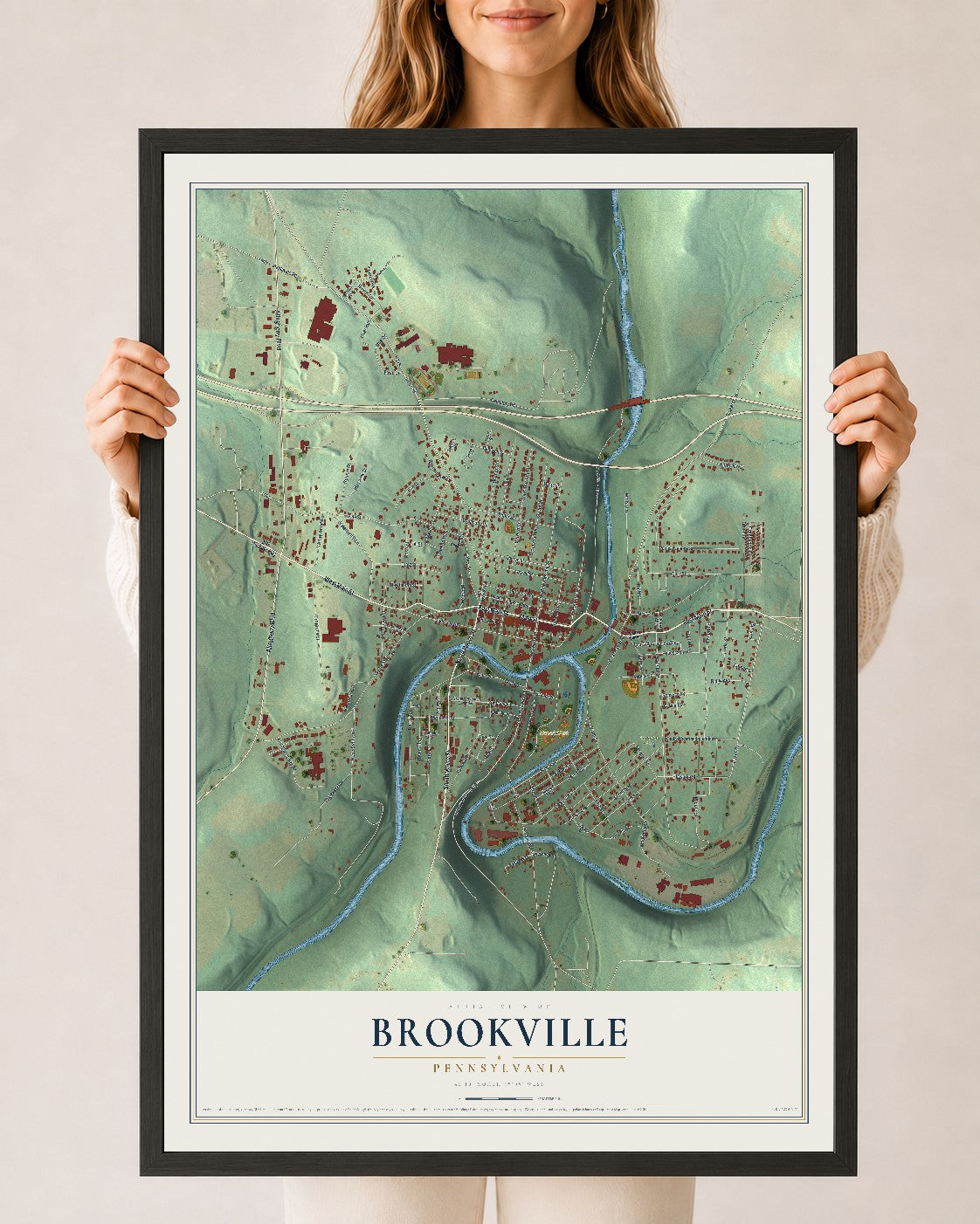 Map of Brookville, Pennsylvania, 24 x 36 inch print in a black wood frame