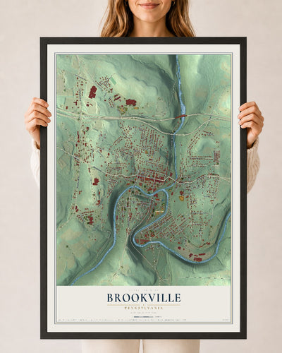 Map of Brookville, Pennsylvania, 24 x 36 inch print in a black wood frame