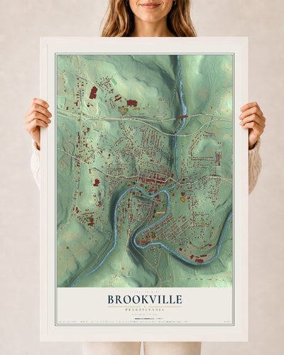 Map of Brookville, Pennsylvania, 24 x 36 inch print in a white wood frame