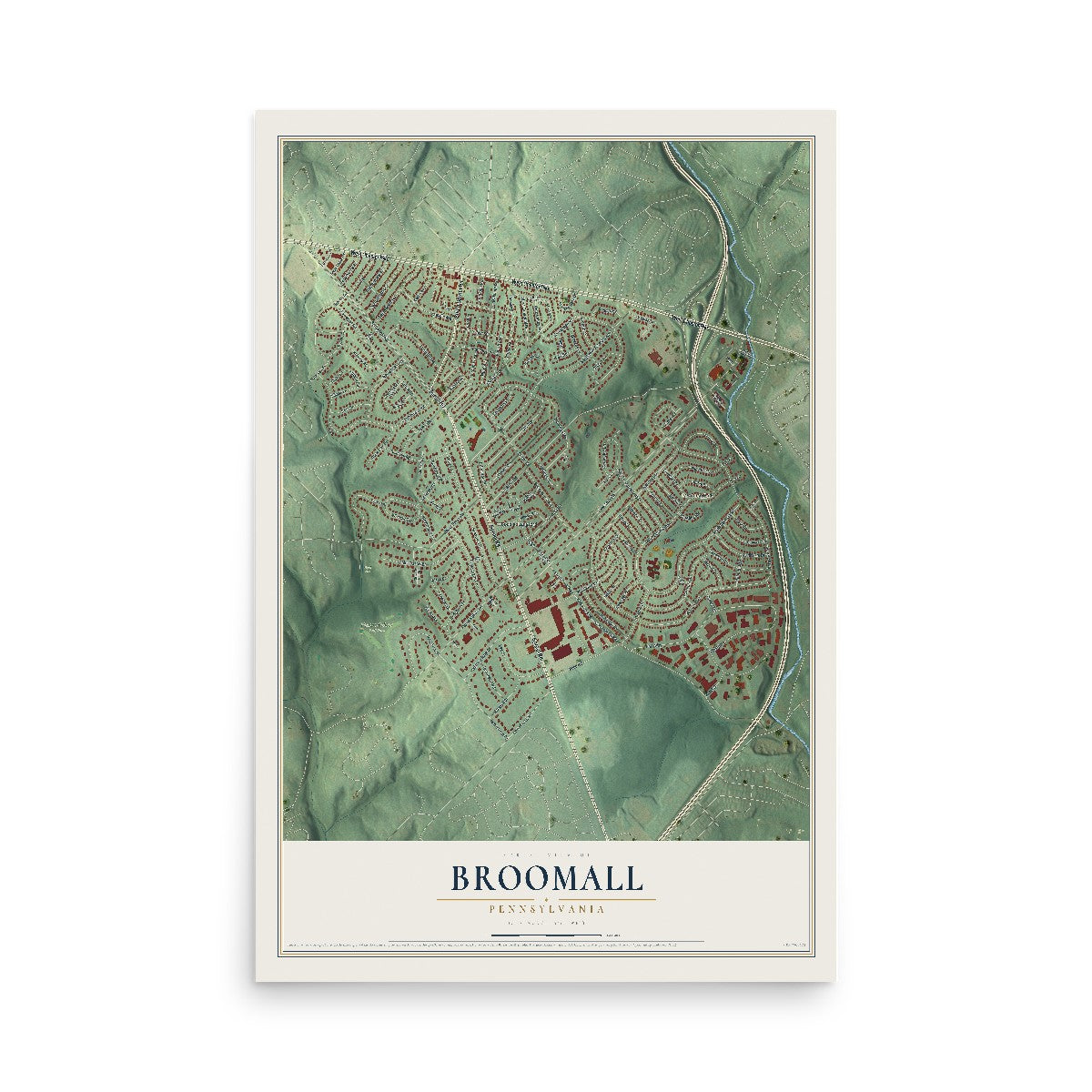 Map of Broomall, Pennsylvania, 12 x 18 inch unframed archival matte print