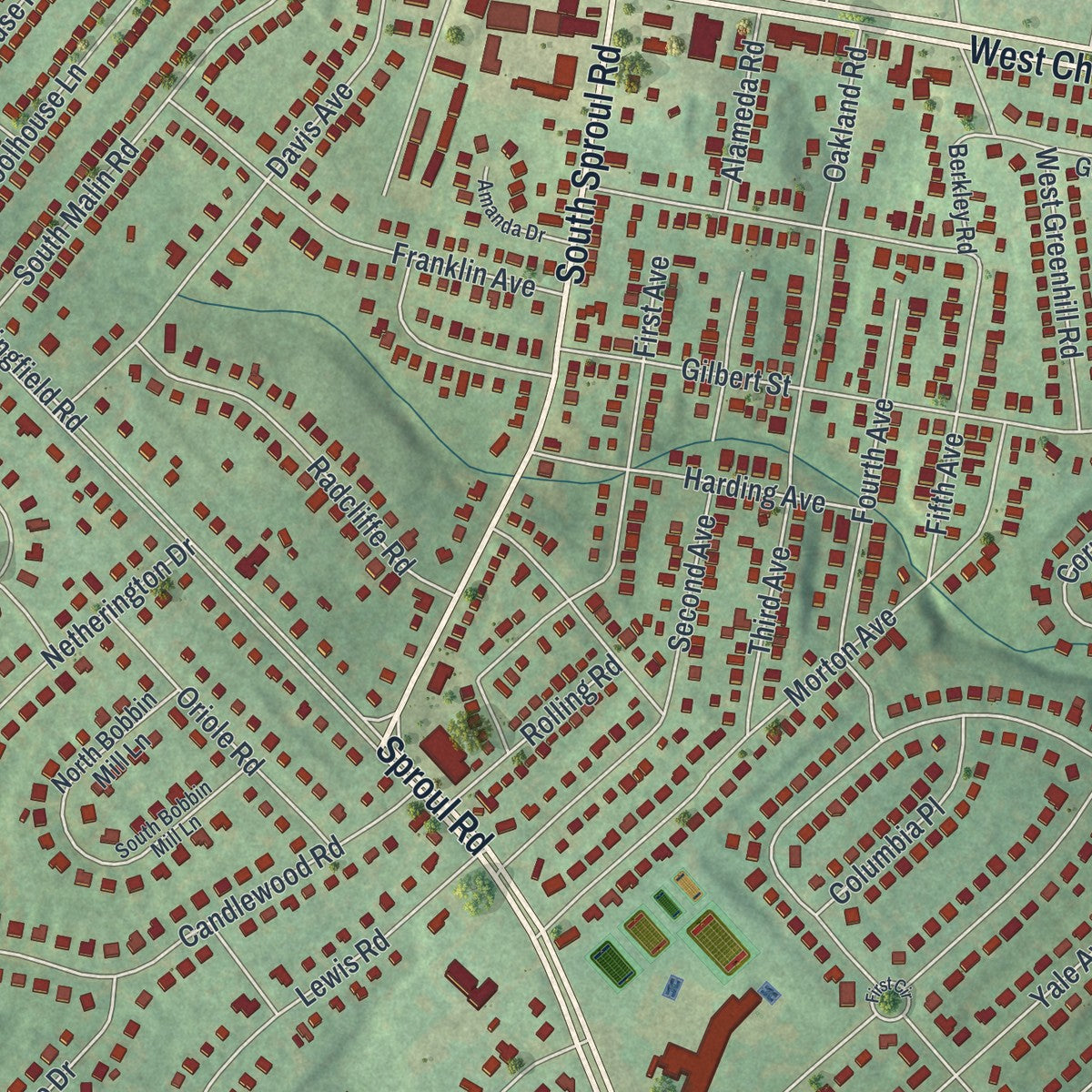 Close-up of the map of Broomall, Pennsylvania print showing street and building detail
