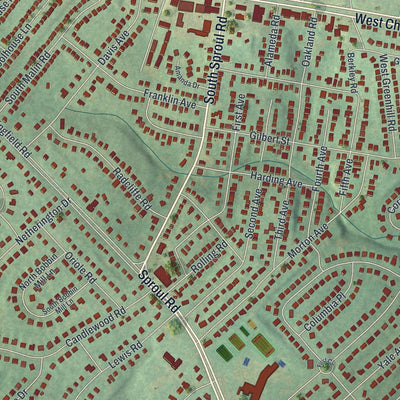 Close-up of the map of Broomall, Pennsylvania print showing street and building detail