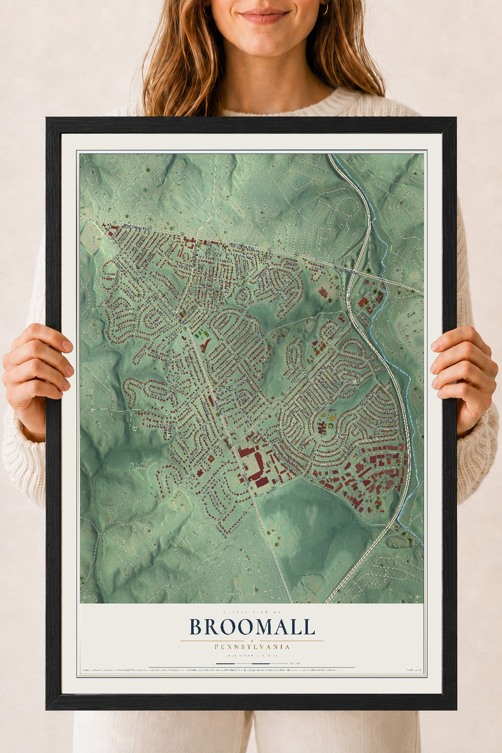 Map of Broomall, Pennsylvania, 18 x 24 inch print in a black wood frame