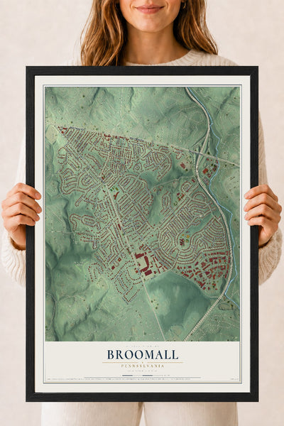 Map of Broomall, Pennsylvania, 18 x 24 inch print in a black wood frame