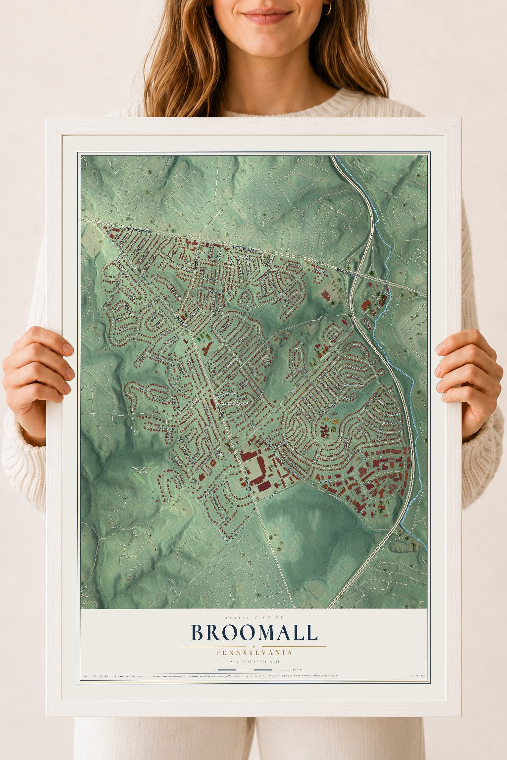 Map of Broomall, Pennsylvania, 18 x 24 inch print in a white wood frame